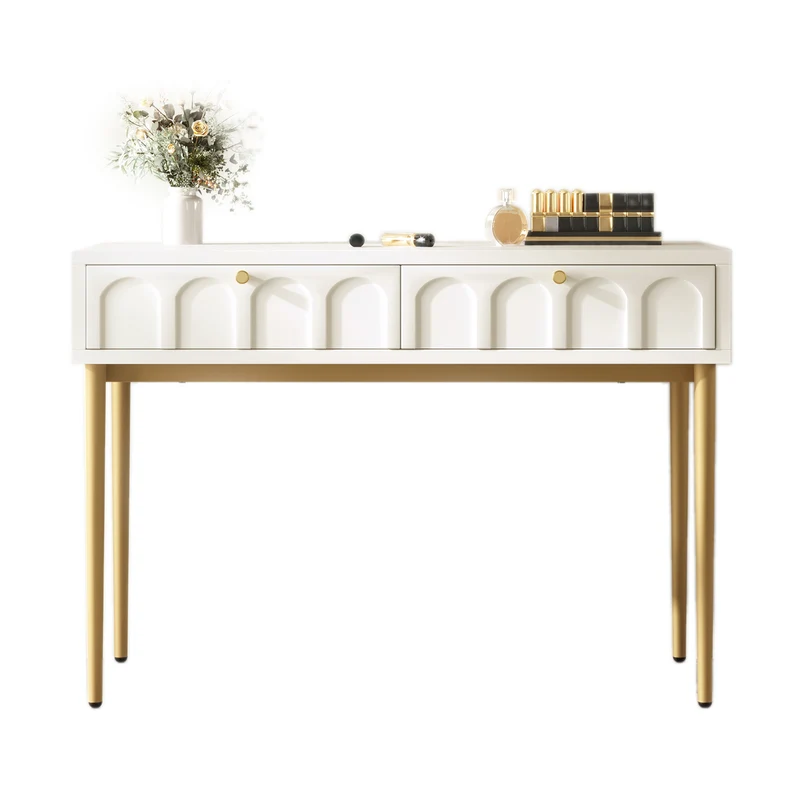 Console Coiffeuse élégante avec 2 tiroirs blanc crème structure et poignée dorée 100x45cm FULZEL