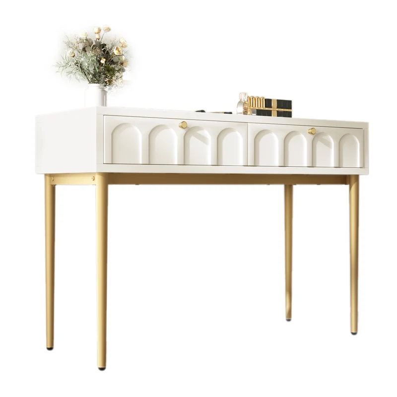 Console Coiffeuse élégante avec 2 tiroirs blanc crème structure et poignée dorée 100x45cm FULZEL
