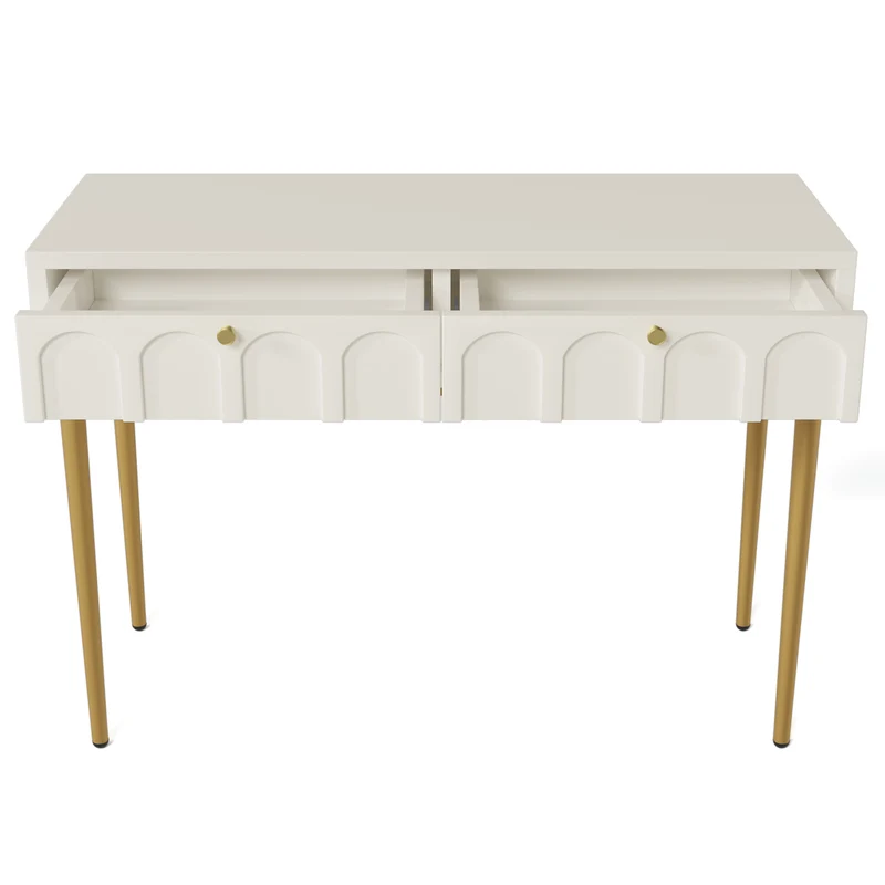 Console Coiffeuse élégante avec 2 tiroirs blanc crème structure et poignée dorée 100x45cm FULZEL