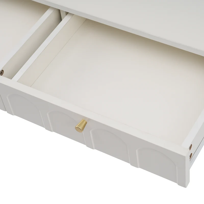 Console Coiffeuse élégante avec 2 tiroirs blanc crème structure et poignée dorée 100x45cm FULZEL