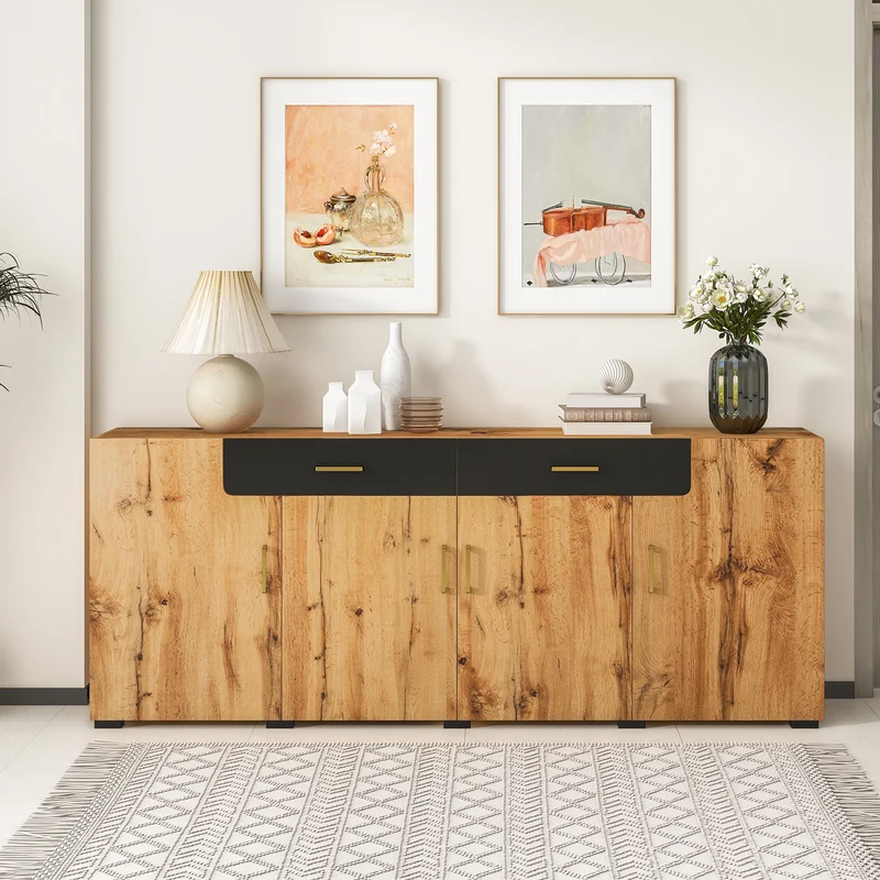 Buffet effet bois et noir 4 portes 2 tiroirs poignées dorés 208x39,5x80cm HERNON