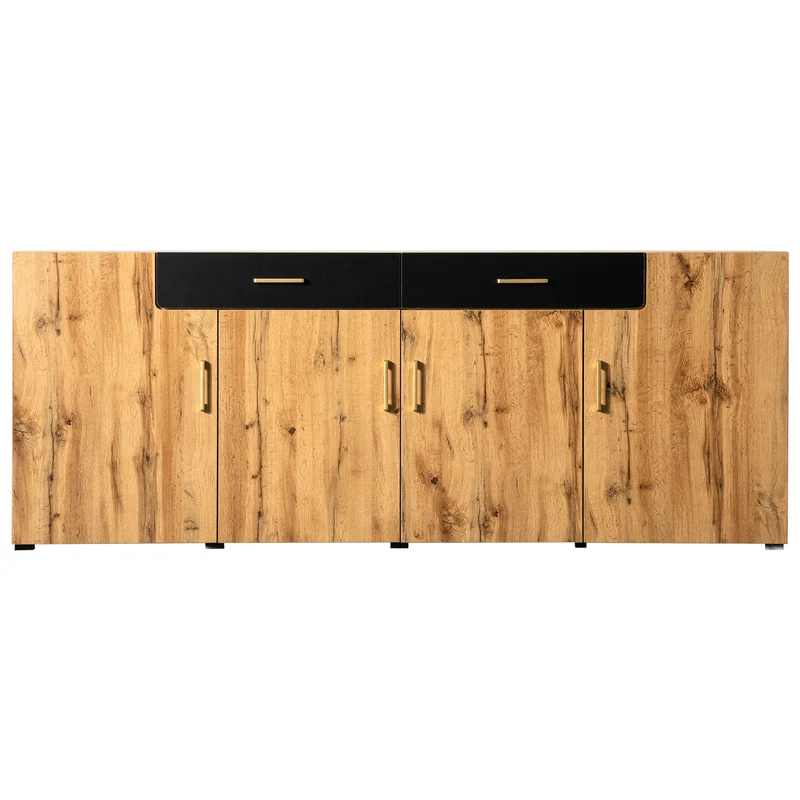 Buffet effet bois et noir 4 portes 2 tiroirs poignées dorés 208x39,5x80cm HERNON