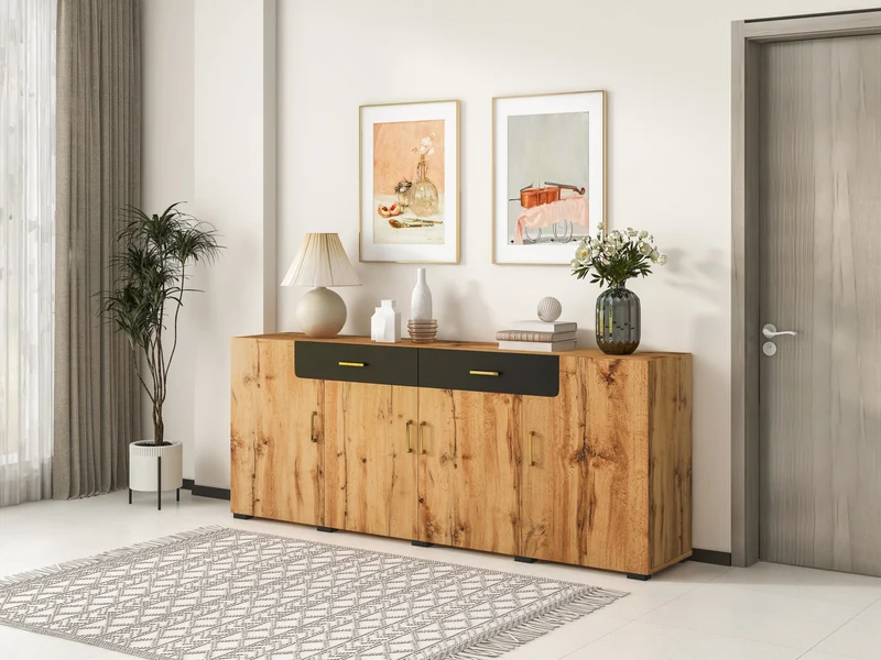 Buffet effet bois et noir 4 portes 2 tiroirs poignées dorés 208x39,5x80cm HERNON