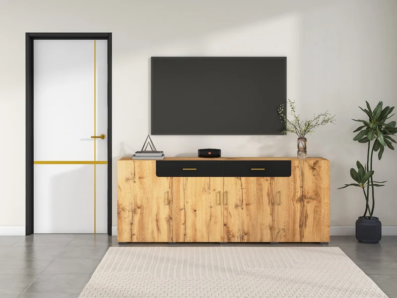 Buffet effet bois et noir 4 portes 2 tiroirs poignées dorés 208x39,5x80cm HERNON