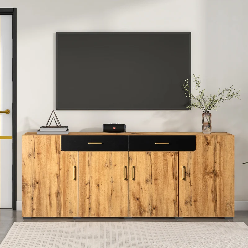 Buffet effet bois et noir 4 portes 2 tiroirs poignées dorés 208x39,5x80cm HERNON