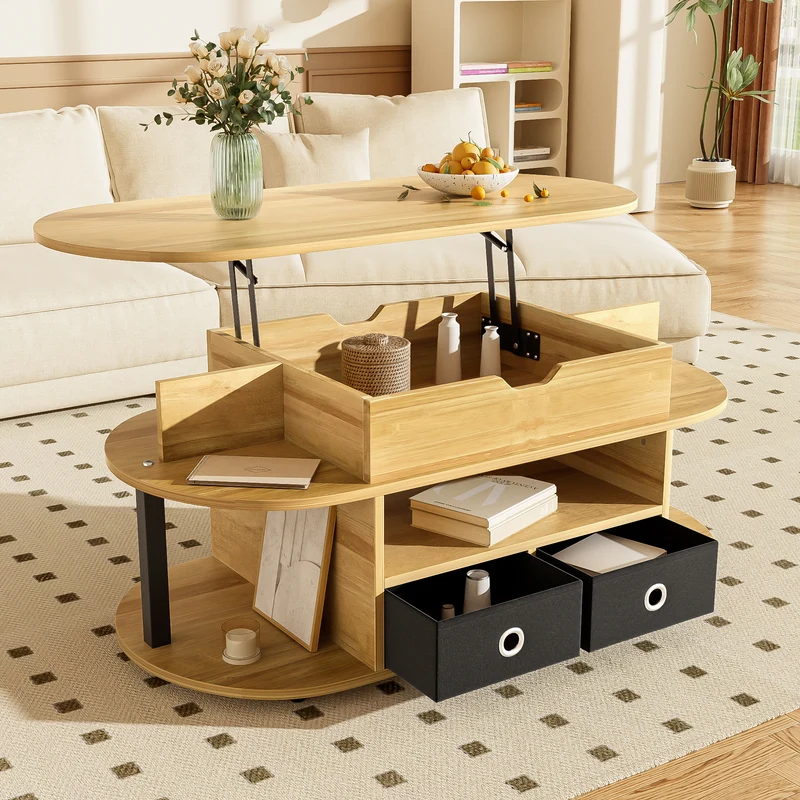 Table basse revelable effet bois rangement et tiroirs en tissu noir 105*50cm PHAHRAIRS