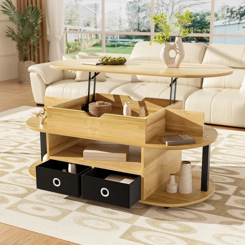 Table basse revelable effet bois rangement et tiroirs en tissu noir 105*50cm PHAHRAIRS