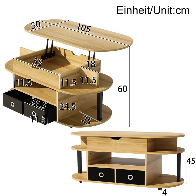 Table basse revelable effet bois rangement et tiroirs en tissu noir 105*50cm PHAHRAIRS