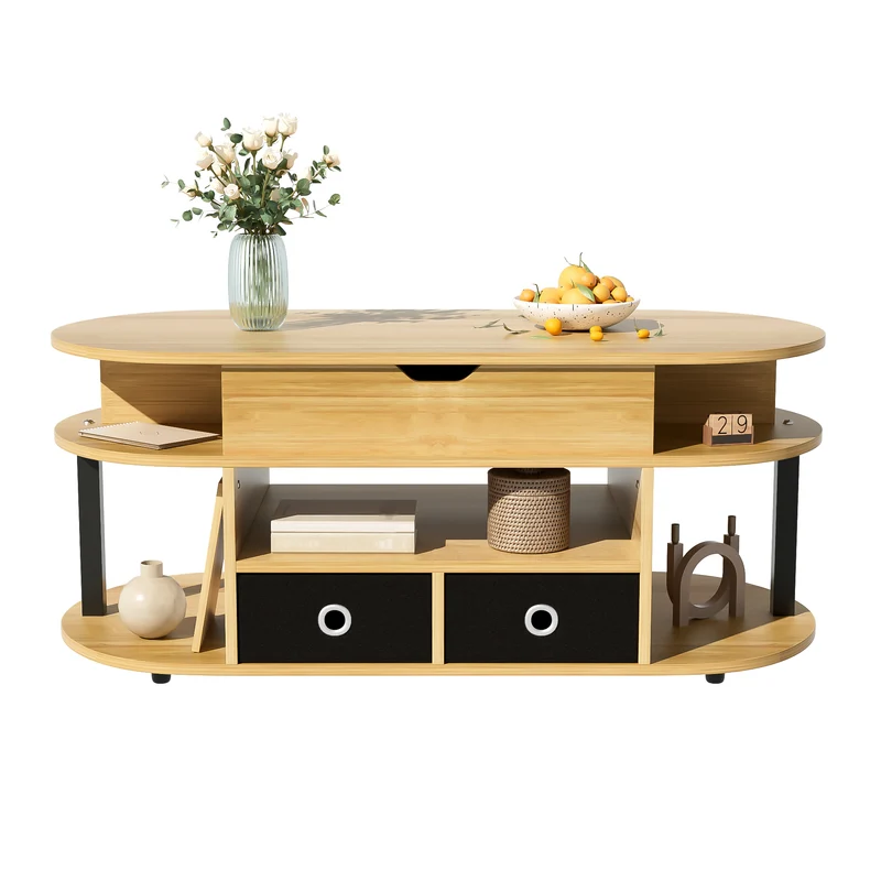 Table basse revelable effet bois rangement et tiroirs en tissu noir 105*50cm PHAHRAIRS