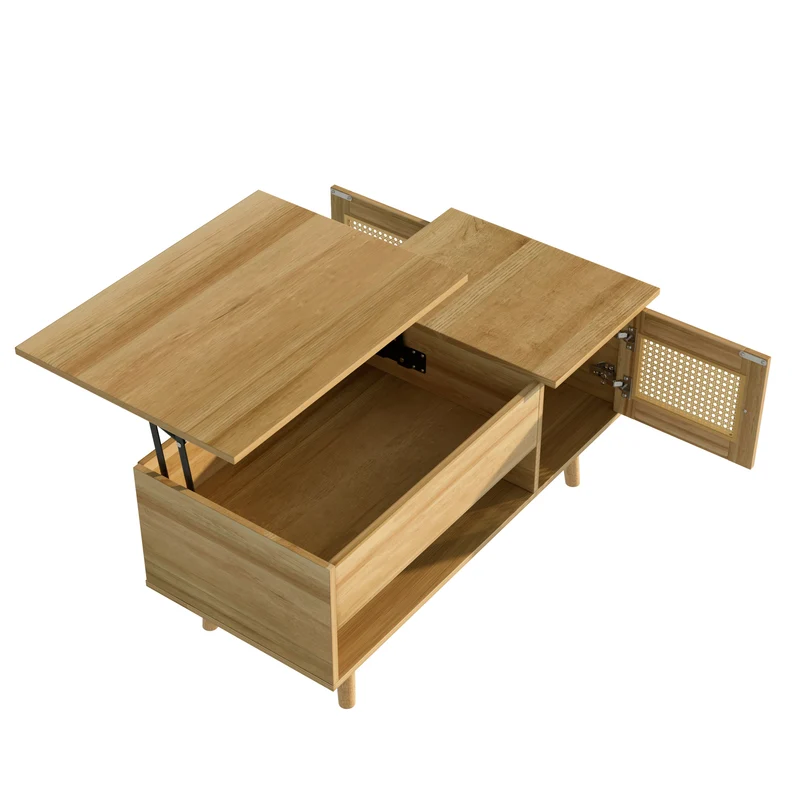 Table basse relevable effet bois 2 portes en rotin 103*50cm DHANNANS