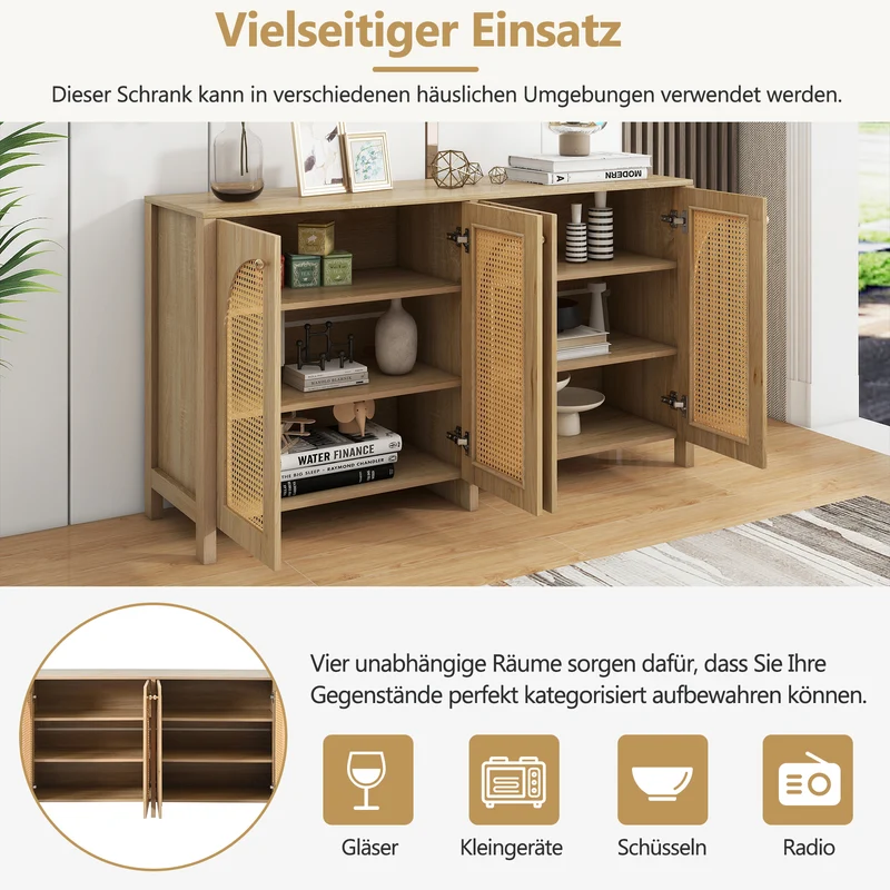 Buffet effet bois avec 4 portes en rotin synthétique et poignées métalliques DREQE
