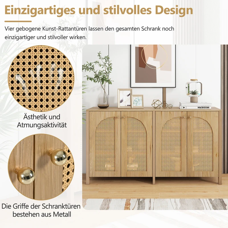 Buffet effet bois avec 4 portes en rotin synthétique et poignées métalliques DREQE