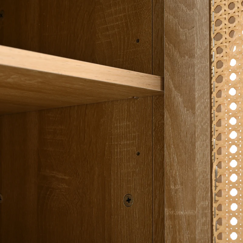 Buffet effet bois avec 4 portes en rotin synthétique et poignées métalliques DREQE