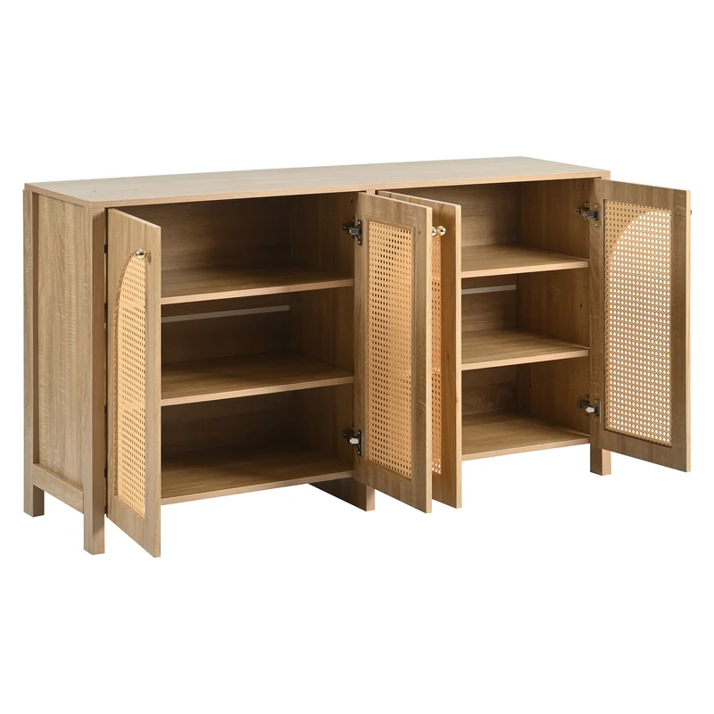 Buffet effet bois avec 4 portes en rotin synthétique et poignées métalliques DREQE