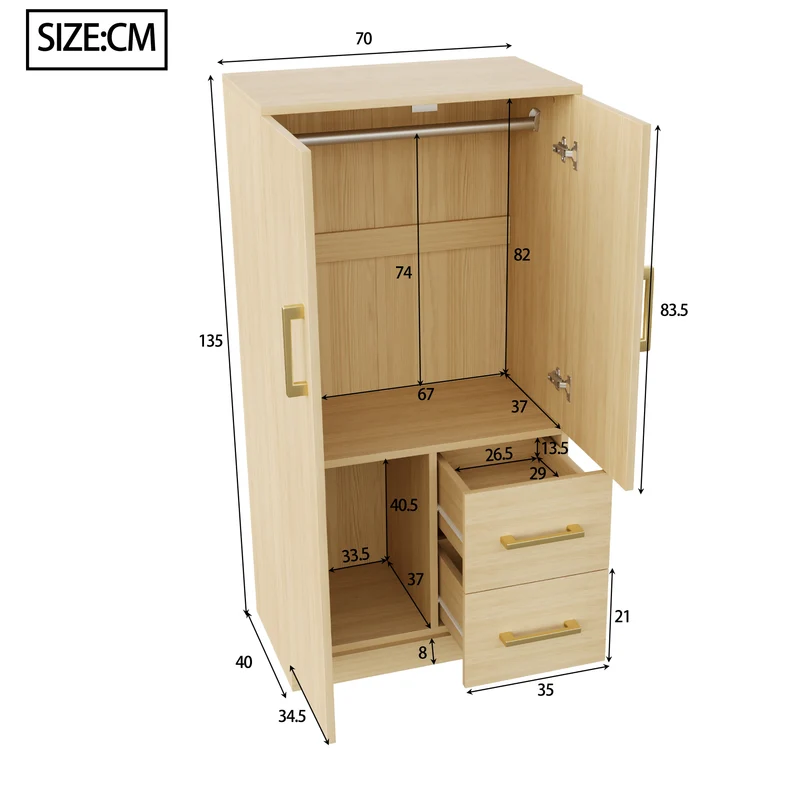 Armoire effet bois naturel avec double porte, et 2 tiroirs 70x40x135cm WAXINGHORN