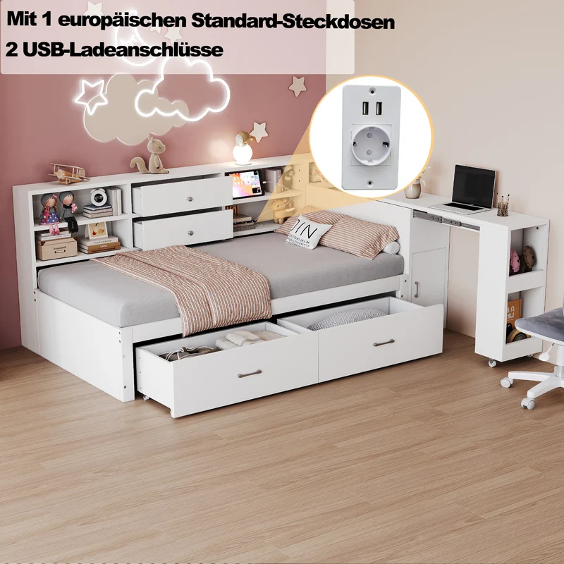 Lit banquette simple blanc avec étagère, bureau rétractable et ports USB/prise (matelas non inclus) COPALDROP