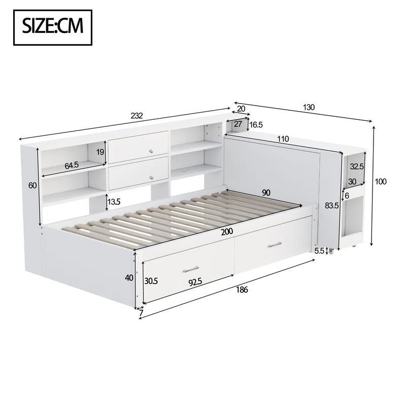 Lit banquette simple blanc avec étagère, bureau rétractable et ports USB/prise (matelas non inclus) COPALDROP