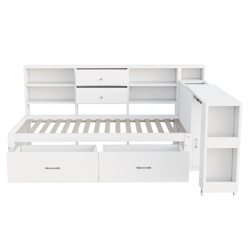 Lit banquette simple blanc avec étagère, bureau rétractable et ports USB/prise (matelas non inclus) COPALDROP