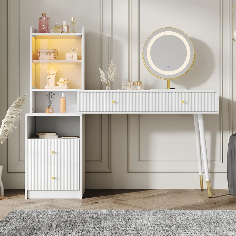 Coiffeuse blanc avec miroir éclairage LED, 4 tiroirs et vitrine personnalisable SIMULAT