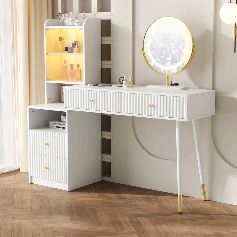 Coiffeuse blanc avec miroir éclairage LED, 4 tiroirs et vitrine personnalisable SIMULAT