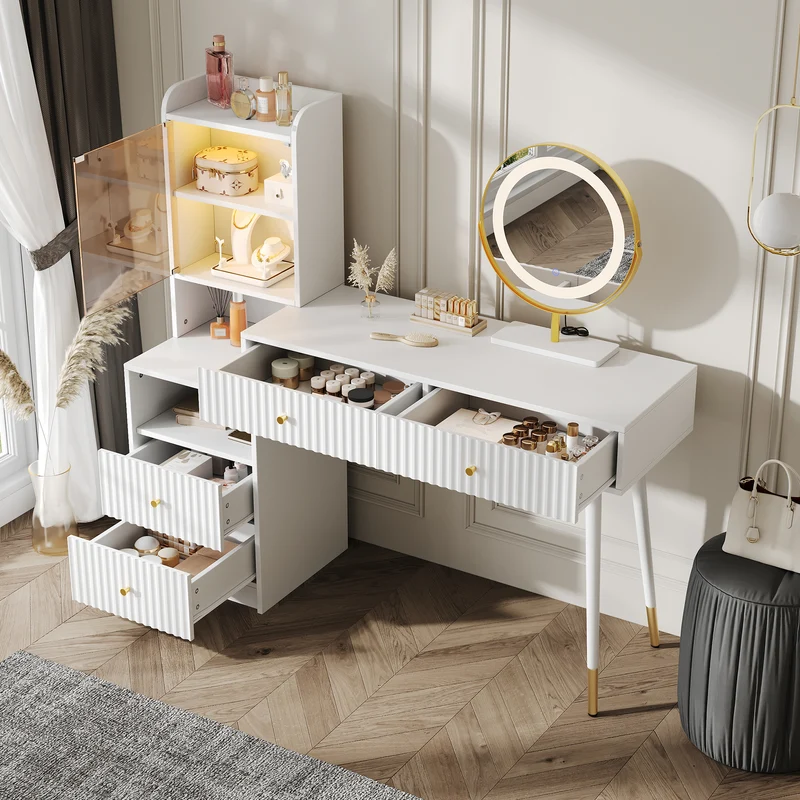 Coiffeuse blanc avec miroir éclairage LED, 4 tiroirs et vitrine personnalisable SIMULAT