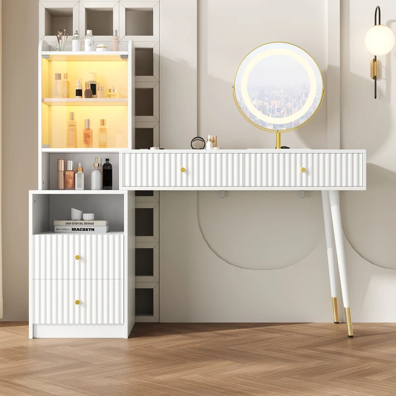Coiffeuse blanc avec miroir éclairage LED, 4 tiroirs et vitrine personnalisable SIMULAT