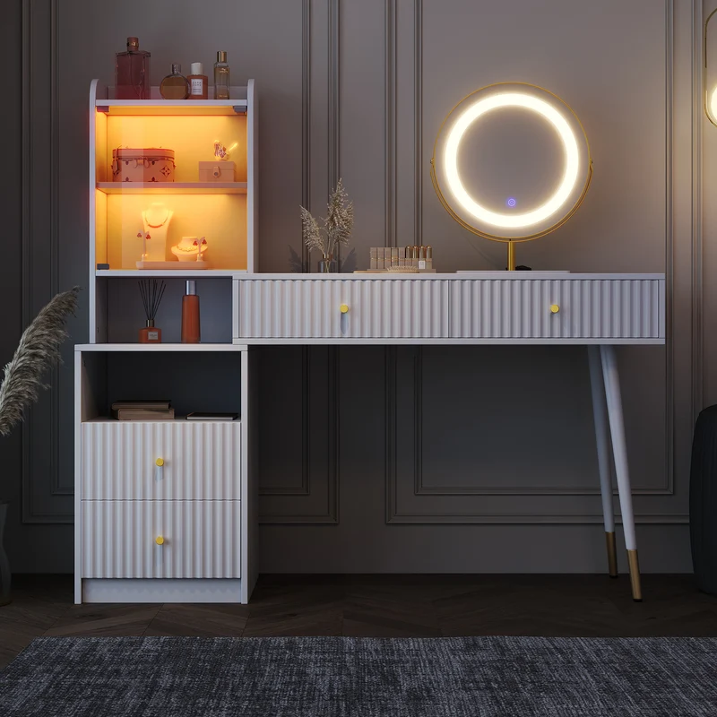 Coiffeuse blanc avec miroir éclairage LED, 4 tiroirs et vitrine personnalisable SIMULAT