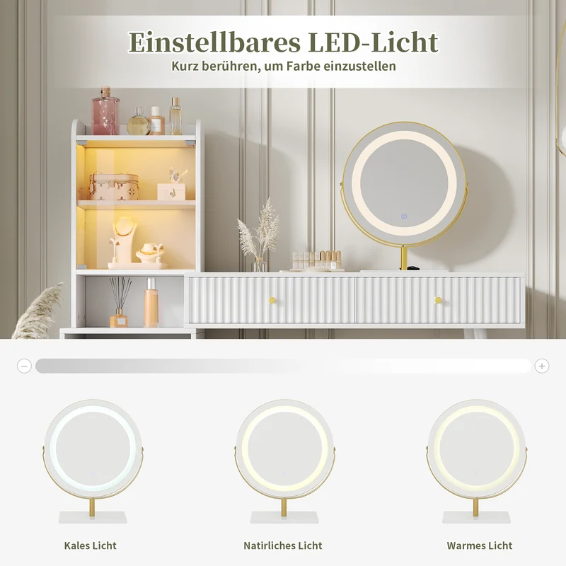 Coiffeuse blanc avec miroir éclairage LED, 4 tiroirs et vitrine personnalisable SIMULAT