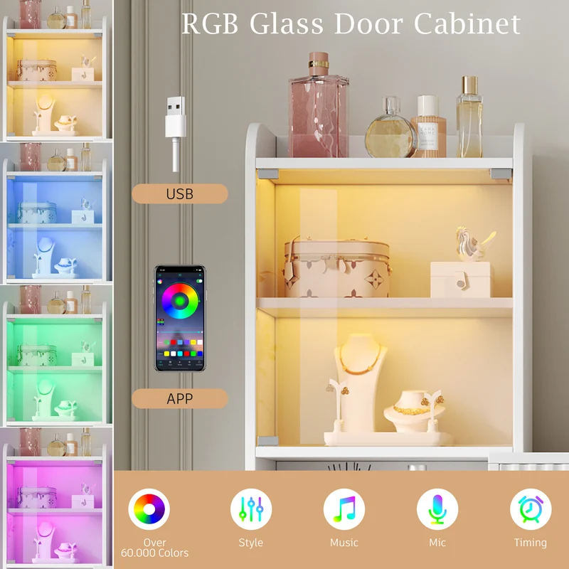 Coiffeuse blanc avec miroir éclairage LED, 4 tiroirs et vitrine personnalisable SIMULAT