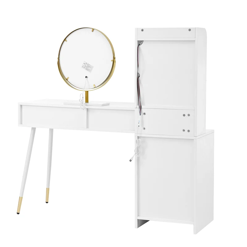 Coiffeuse blanc avec miroir éclairage LED, 4 tiroirs et vitrine personnalisable SIMULAT
