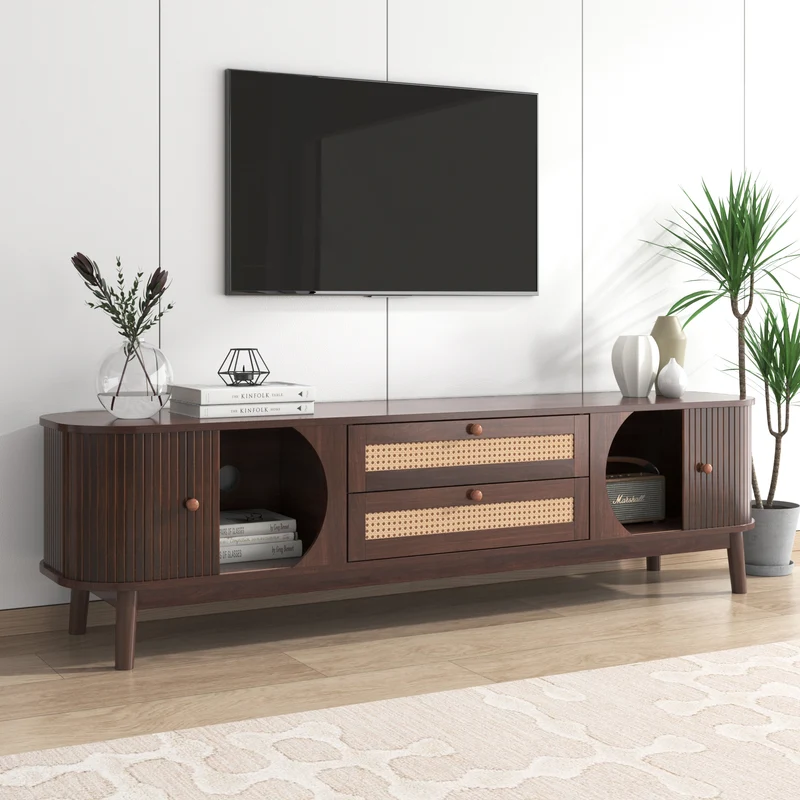 Meuble TV en effect bois noyer et rotin avec portes coulissantes - style rétro TRENCHSOUND