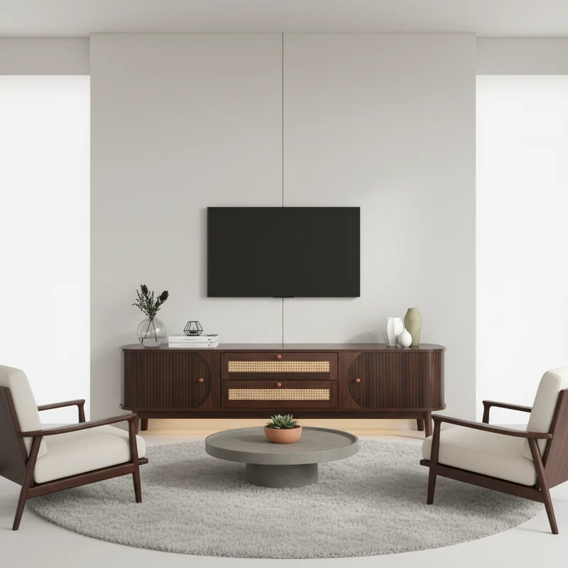 Meuble TV en effect bois noyer et rotin avec portes coulissantes - style rétro TRENCHSOUND