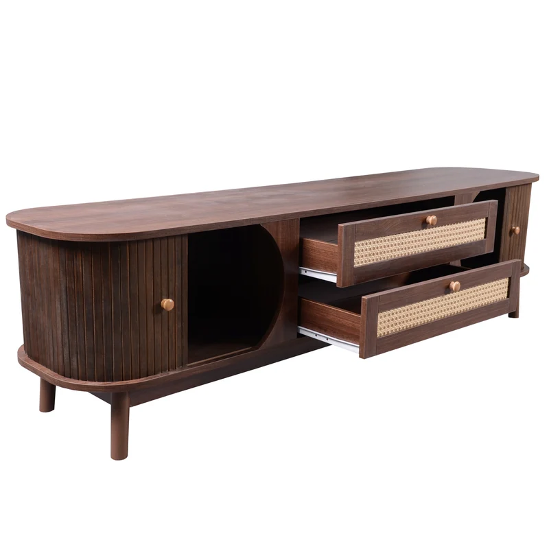 Meuble TV en effect bois noyer et rotin avec portes coulissantes - style rétro TRENCHSOUND
