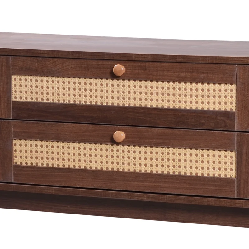 Meuble TV en effect bois noyer et rotin avec portes coulissantes - style rétro TRENCHSOUND
