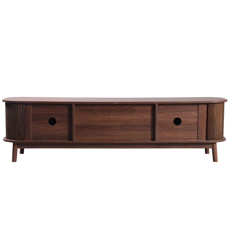 Meuble TV en effect bois noyer et rotin avec portes coulissantes - style rétro TRENCHSOUND