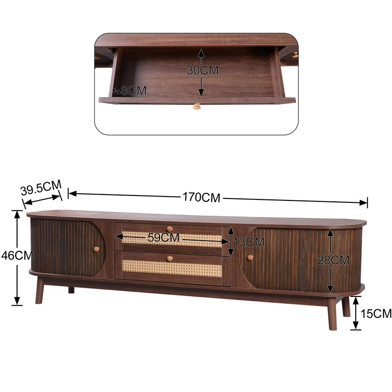 Meuble TV en effect bois noyer et rotin avec portes coulissantes - style rétro TRENCHSOUND