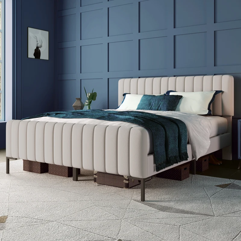 Lit rembourré en lin gris-beige cadre lit double King 180x200cm EGMOID SUPER KING