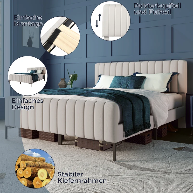 Lit rembourré en lin gris-beige cadre lit double King 180x200cm EGMOID SUPER KING