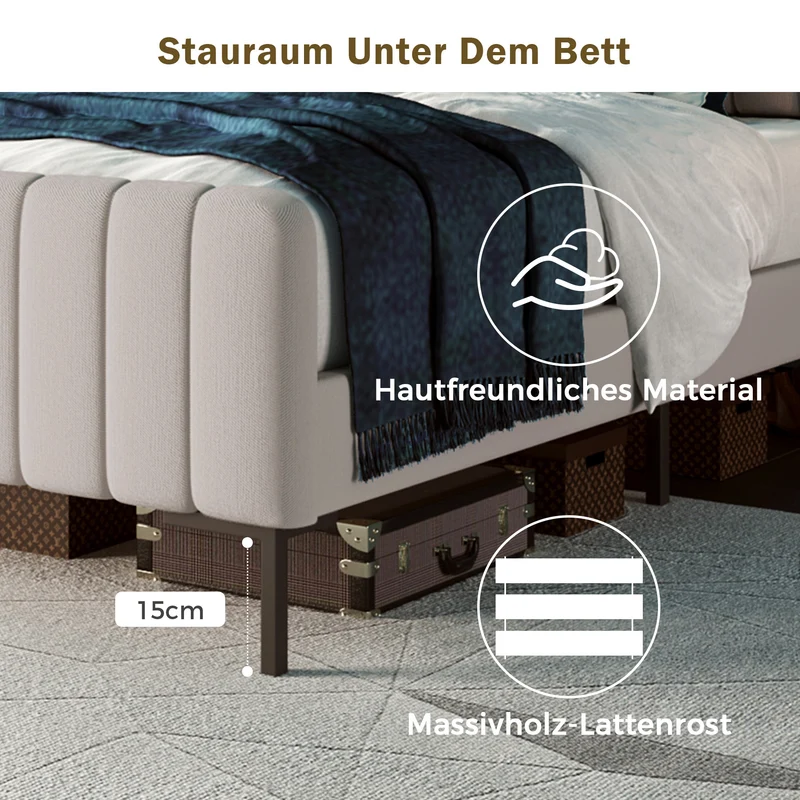 Lit rembourré en lin gris-beige cadre lit double King 180x200cm EGMOID SUPER KING