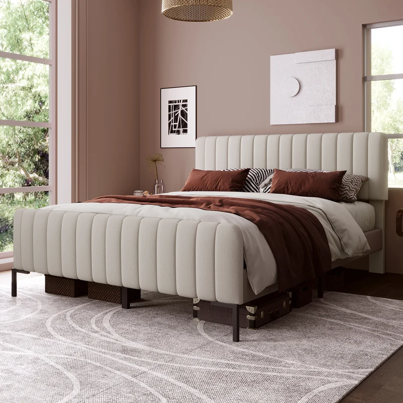 Lit rembourré en lin gris-beige cadre lit double King 180x200cm EGMOID SUPER KING