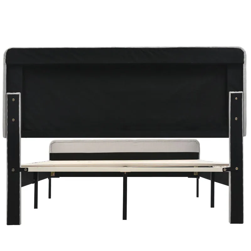 Lit rembourré en lin gris-beige cadre lit double King 180x200cm EGMOID SUPER KING