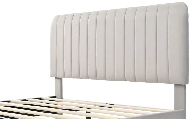 Lit rembourré en lin gris-beige cadre lit double King 180x200cm EGMOID SUPER KING