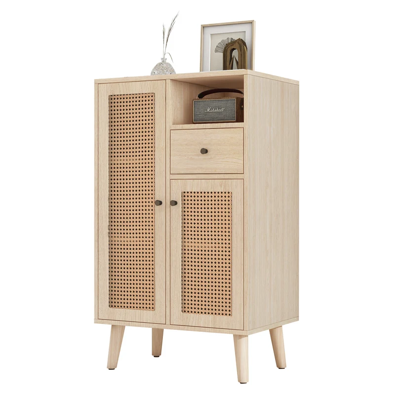Buffet effet chêne avec 2 portes en tissage rotin et 1 tiroir VELDTBLADE