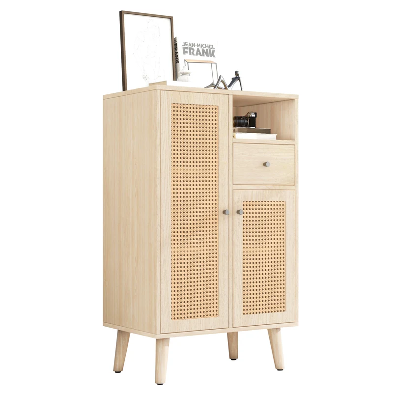 Buffet effet chêne avec 2 portes en tissage rotin et 1 tiroir VELDTBLADE