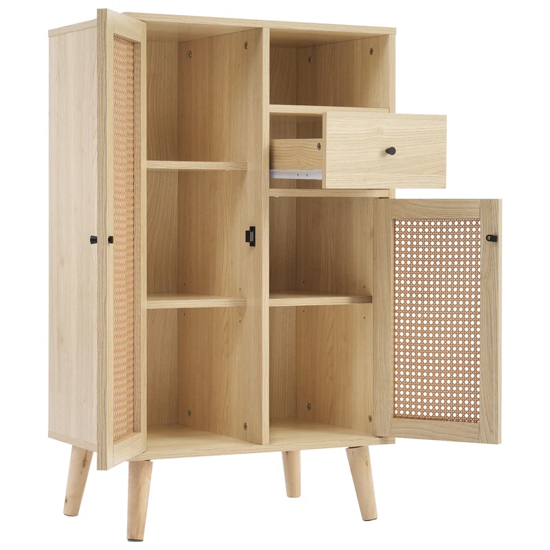 Buffet effet chêne avec 2 portes en tissage rotin et 1 tiroir VELDTBLADE