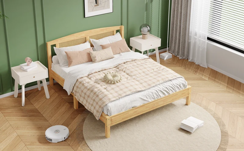 Lit double en rotin effet bois nature 165*205*94 THRUDS