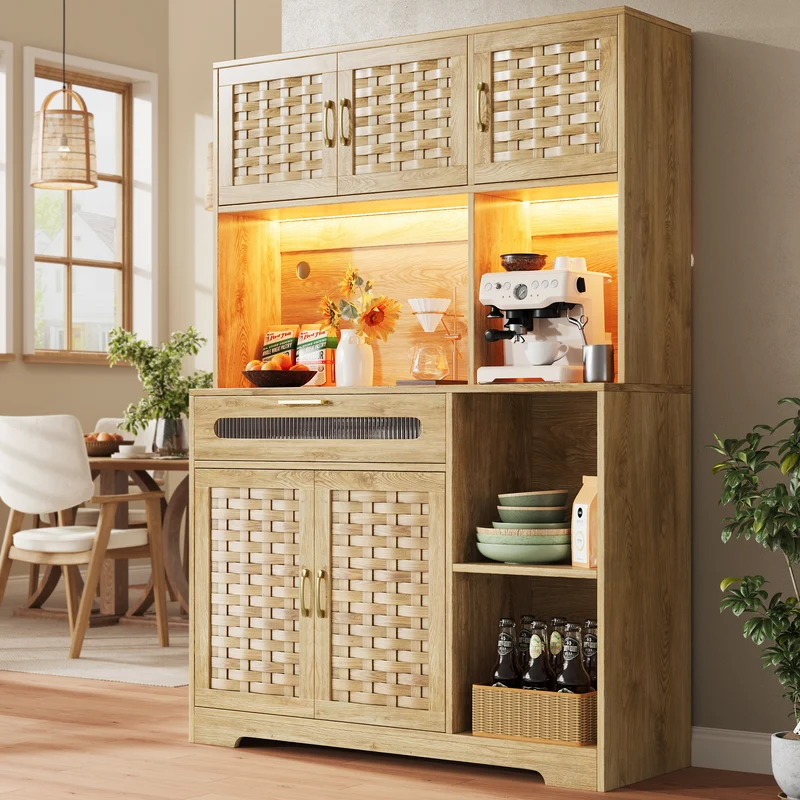 Buffet haut vaisselier de cuisine effet bois avec rotin tressé, éclairage LED ALPENGLOW