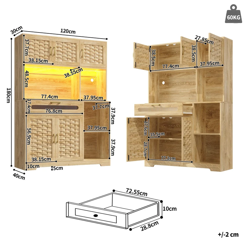 Buffet haut vaisselier de cuisine effet bois avec rotin tressé, éclairage LED ALPENGLOW