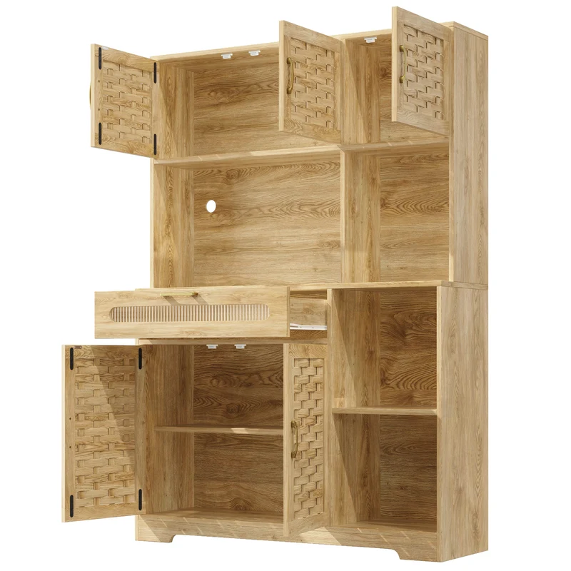 Buffet haut vaisselier de cuisine effet bois avec rotin tressé, éclairage LED ALPENGLOW