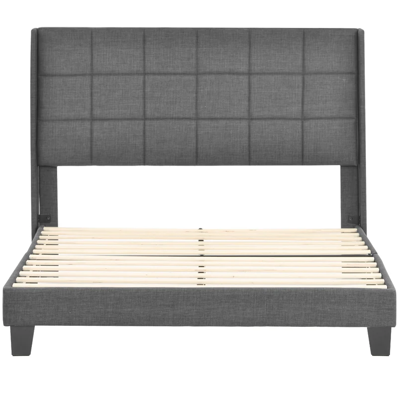 Ensemble lit double rembourré en lin gris 140x200 avec sommier à lattes et matelas à ressorts PERISTOM